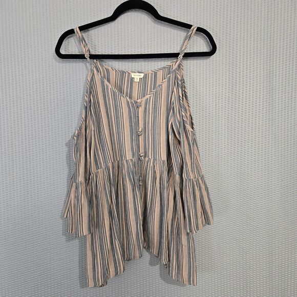 En Crème Womens Striped Cold Shoulder Button Up Tunic Top Size XS Frilly Ruffled - Picture 1 of 7